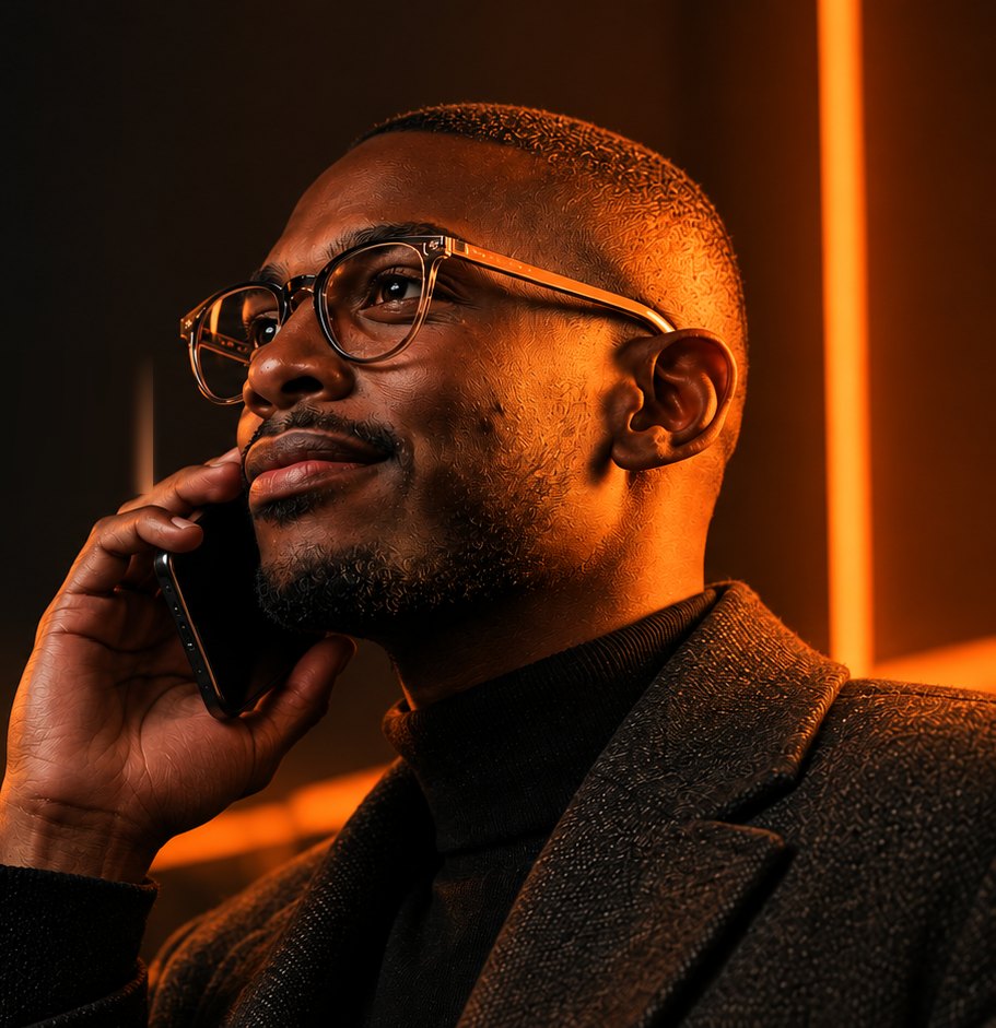 A man in glasses on a phone call in a warmly lit office