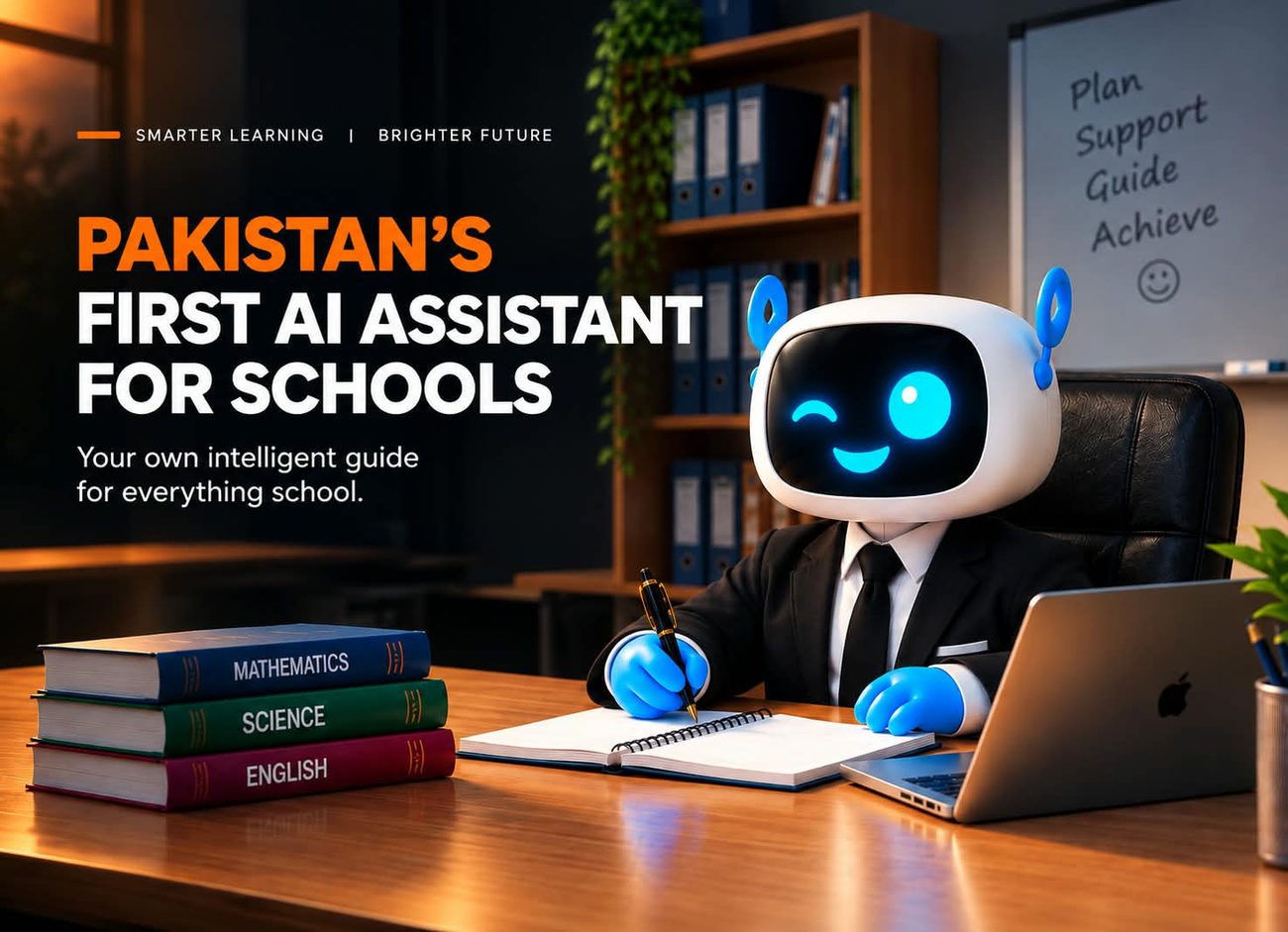 Pakistan's first AI assistant for schools: a friendly robot in a suit writing at a desk with school books