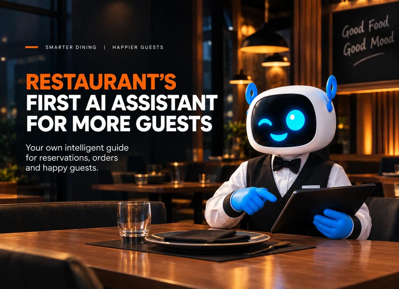 AI assistant for restaurants: a robot waiter holding a tablet at a dining table