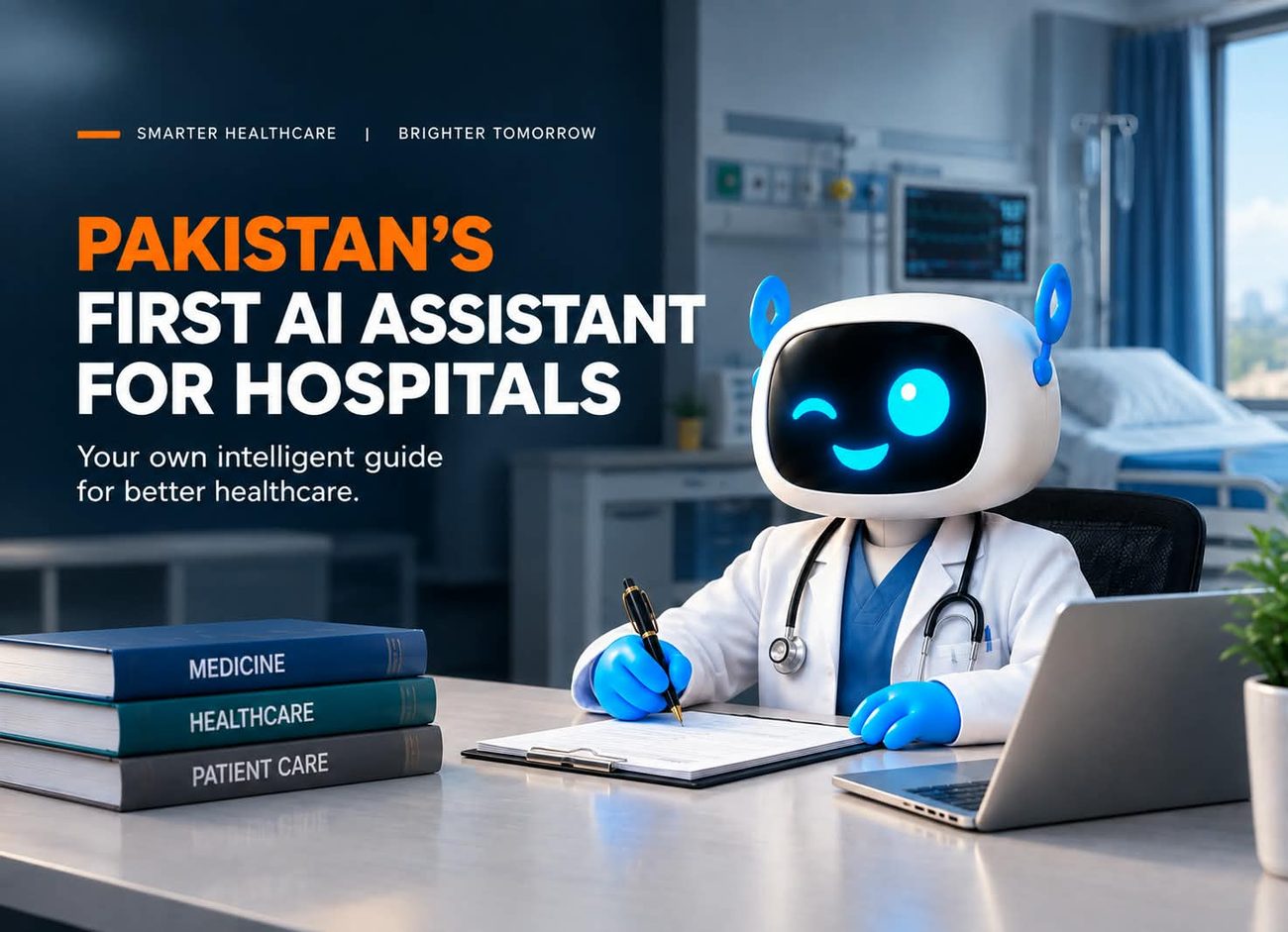 Pakistan's first AI assistant for hospitals: a robot doctor writing on a clipboard at a desk